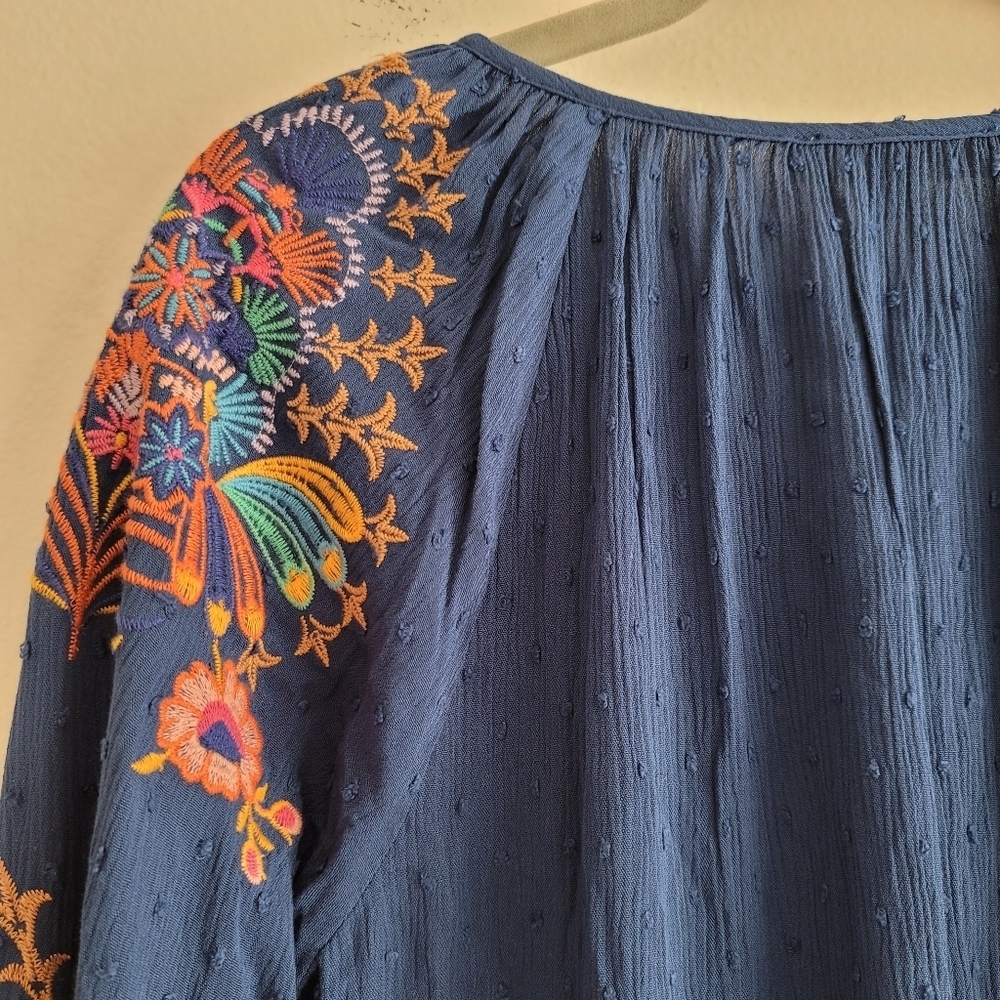 NEW Embroidered Floral V-Neck Balloon Sleeve Shirt Blue Swiss Dot Boho Hippie - Picture 9 of 11
